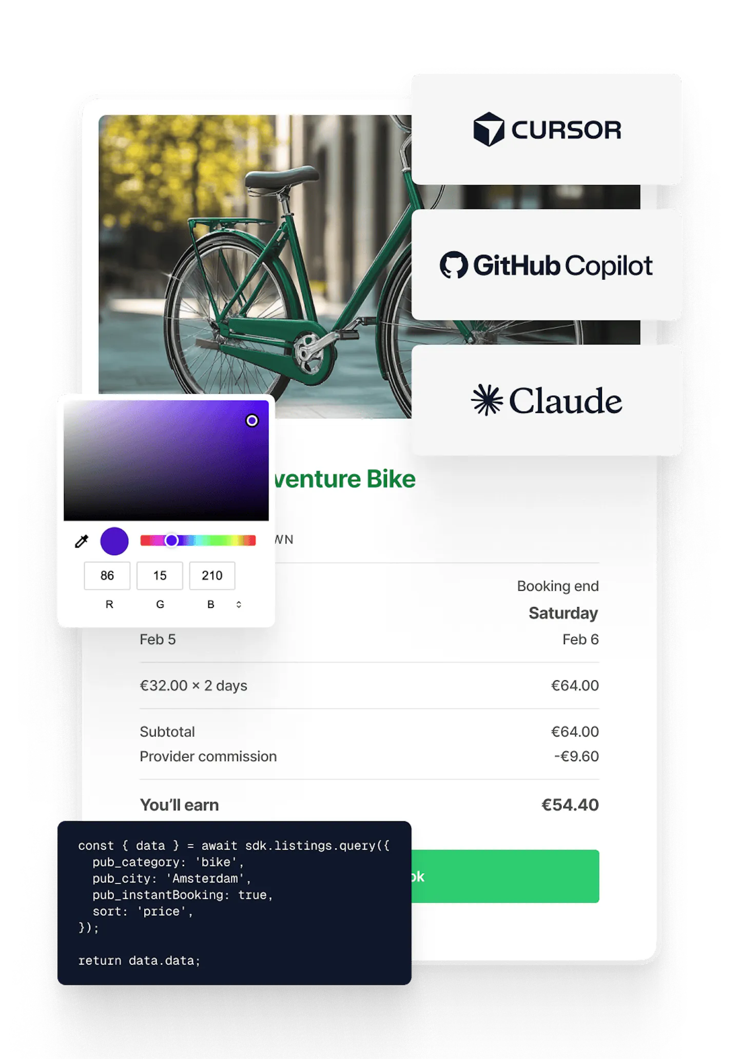 A picture of the console interface on the background of a marketplace with three logos from the most common AI assistants 