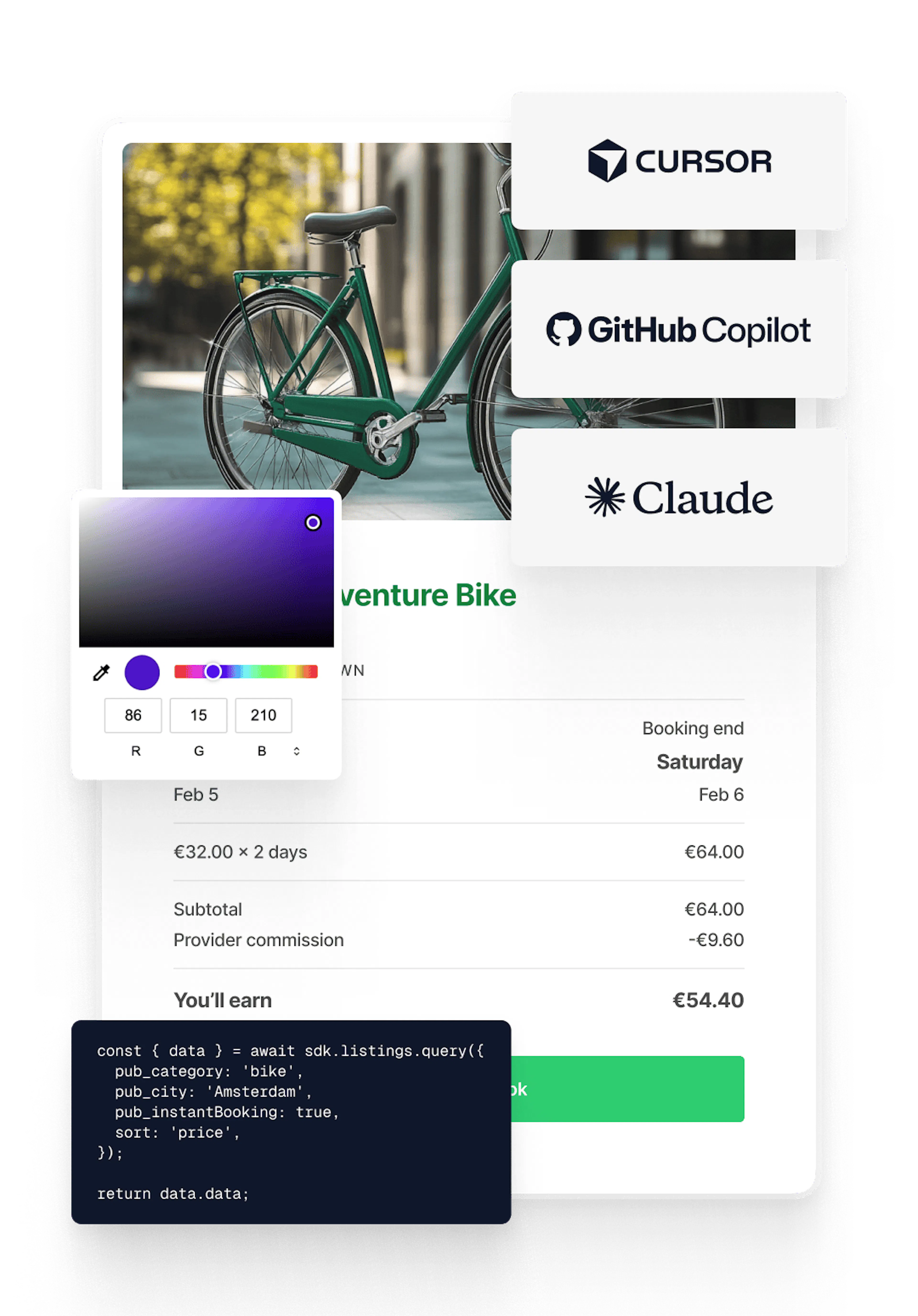 A picture of the console interface on the background of a marketplace with three logos from the most common AI assistants 