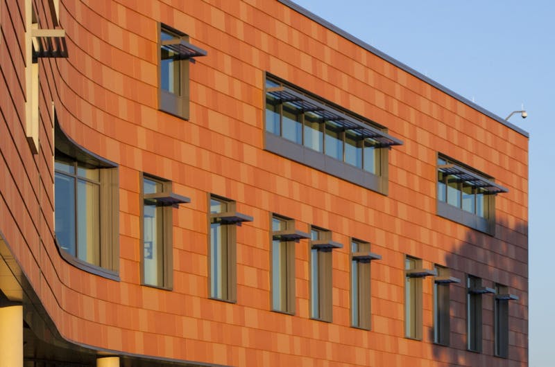 Shildan Group Terracotta, Oakland University Human Health Building, Shingles, Rose, Bright Red, Brick Red