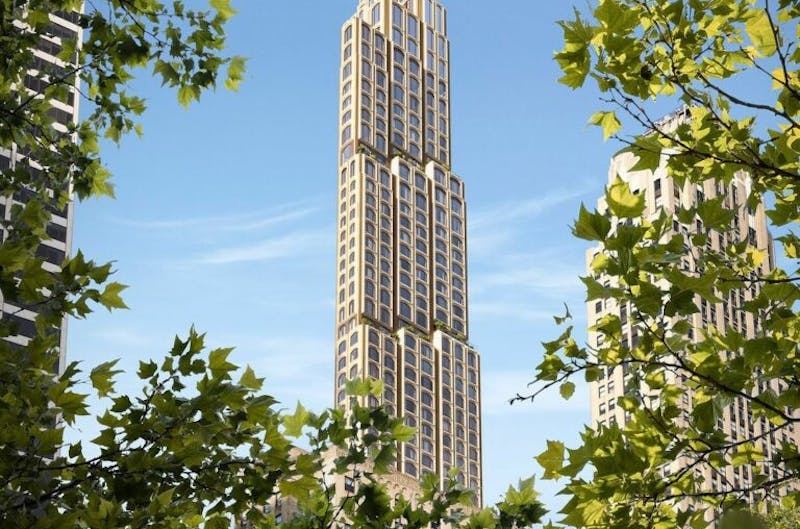 a rendering of a creme colored skyscraper in new york city