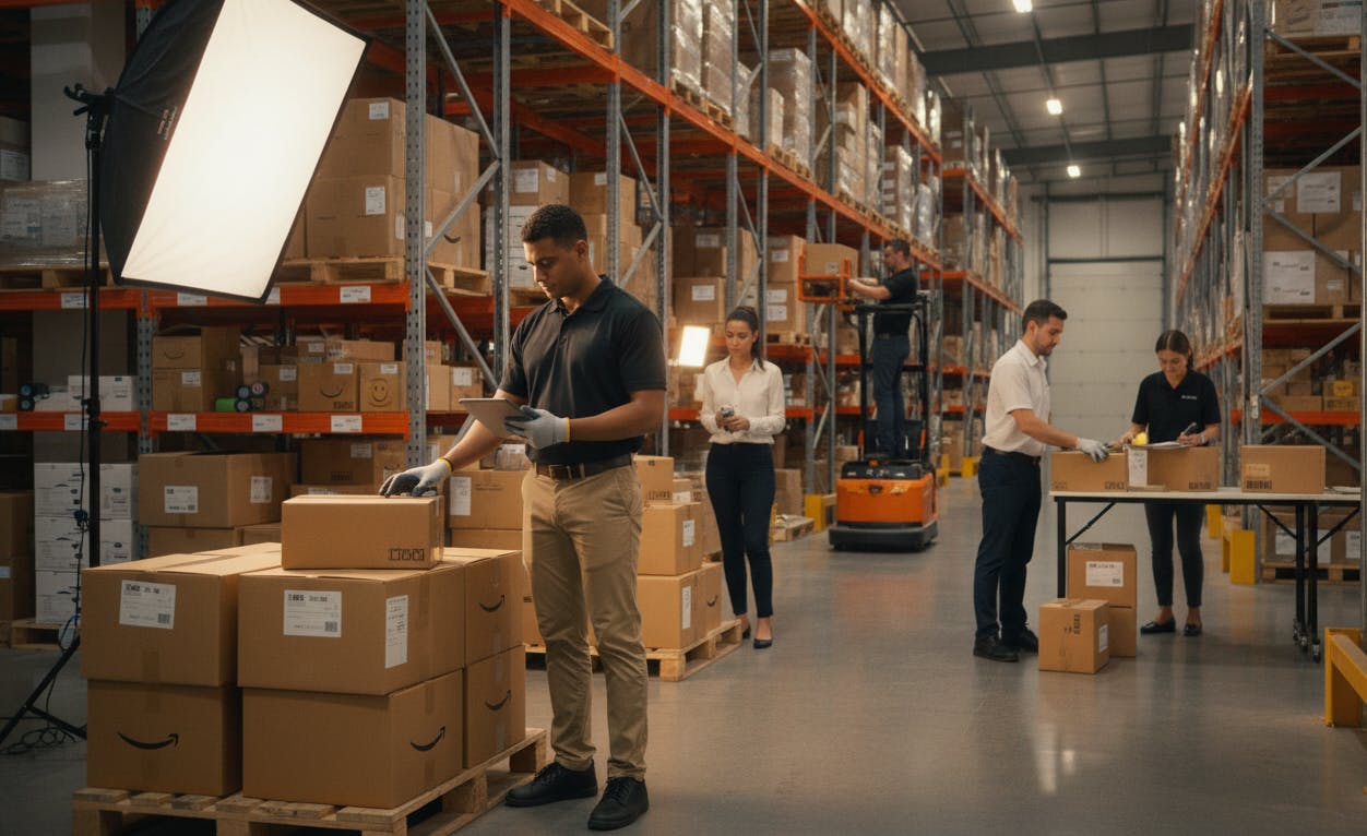 Professional team efficiently managing amazon inventory, orders, and returns in a modern warehouse.