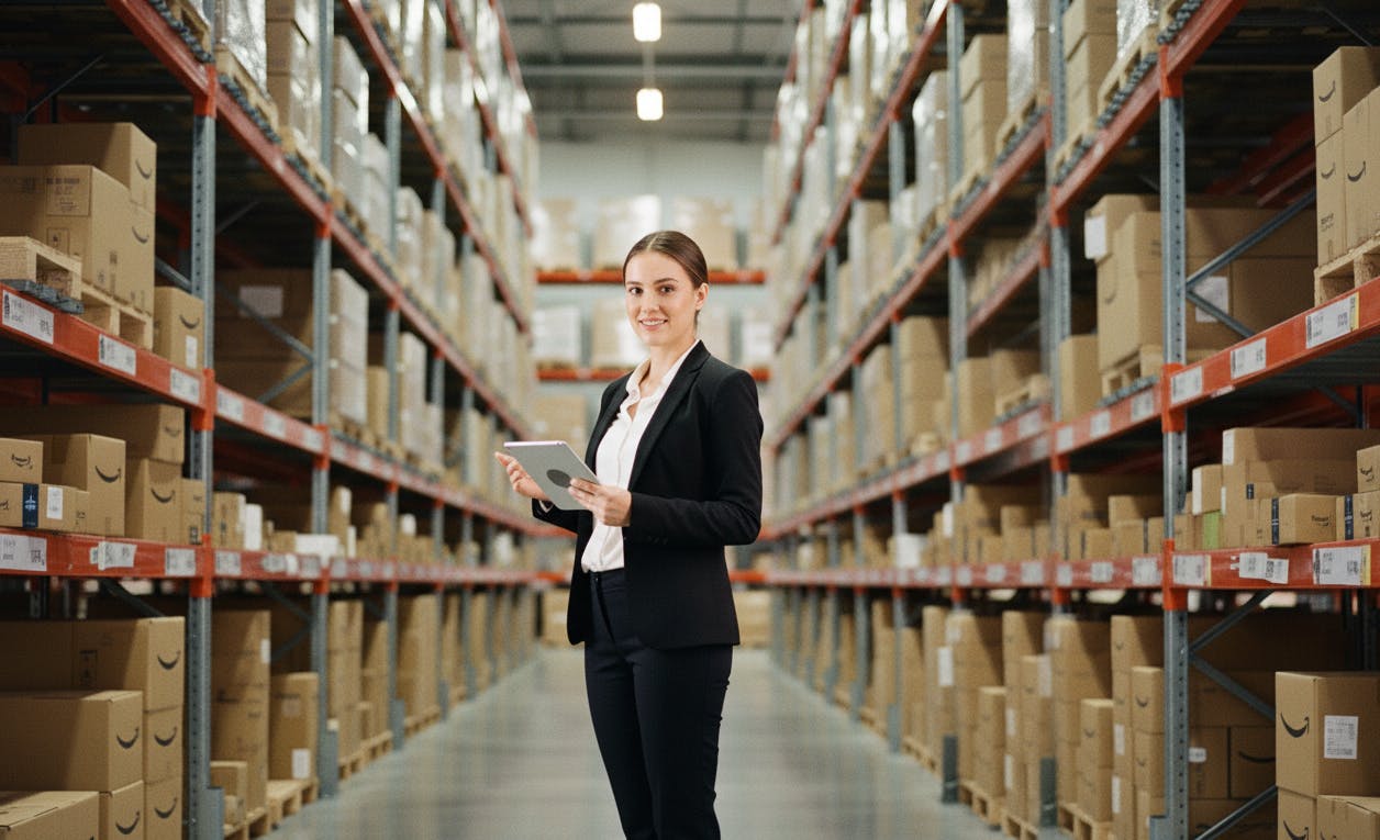Young professional woman holding a tablet in a modern Amazon warehouse with stacked packages.