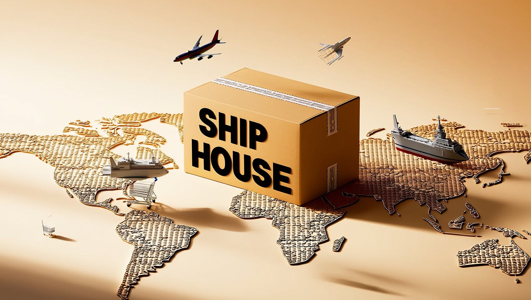 Cardboard box labeled “SHIP HOUSE” on a world map.