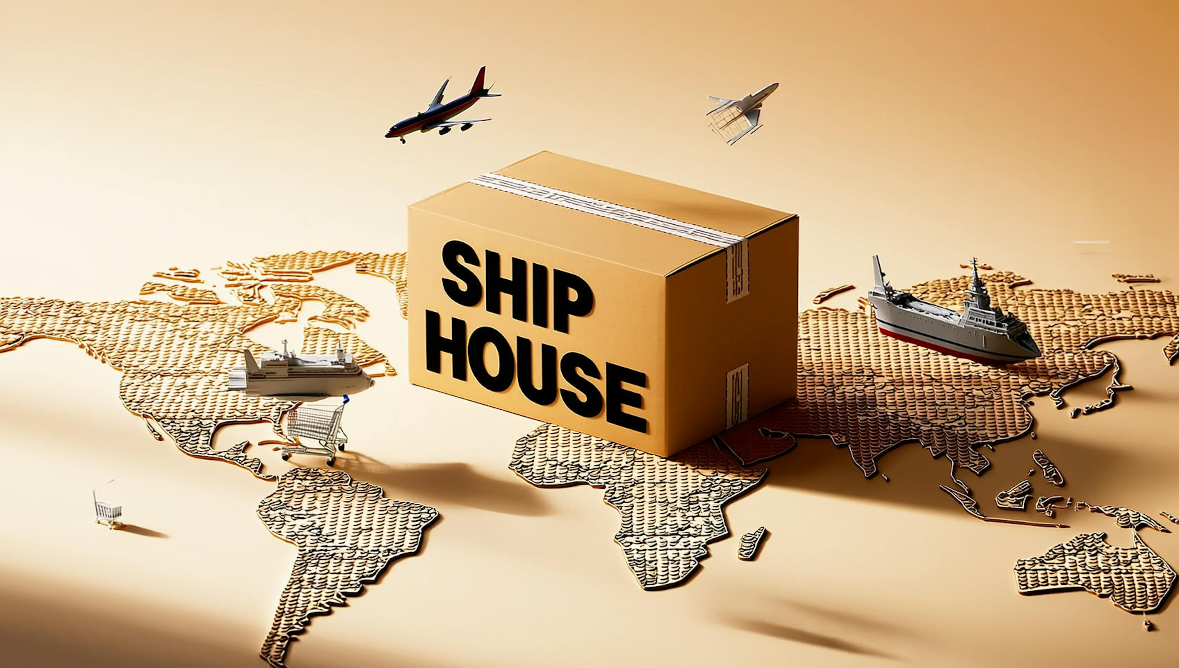 Cardboard box labeled “SHIP HOUSE” on a world map.