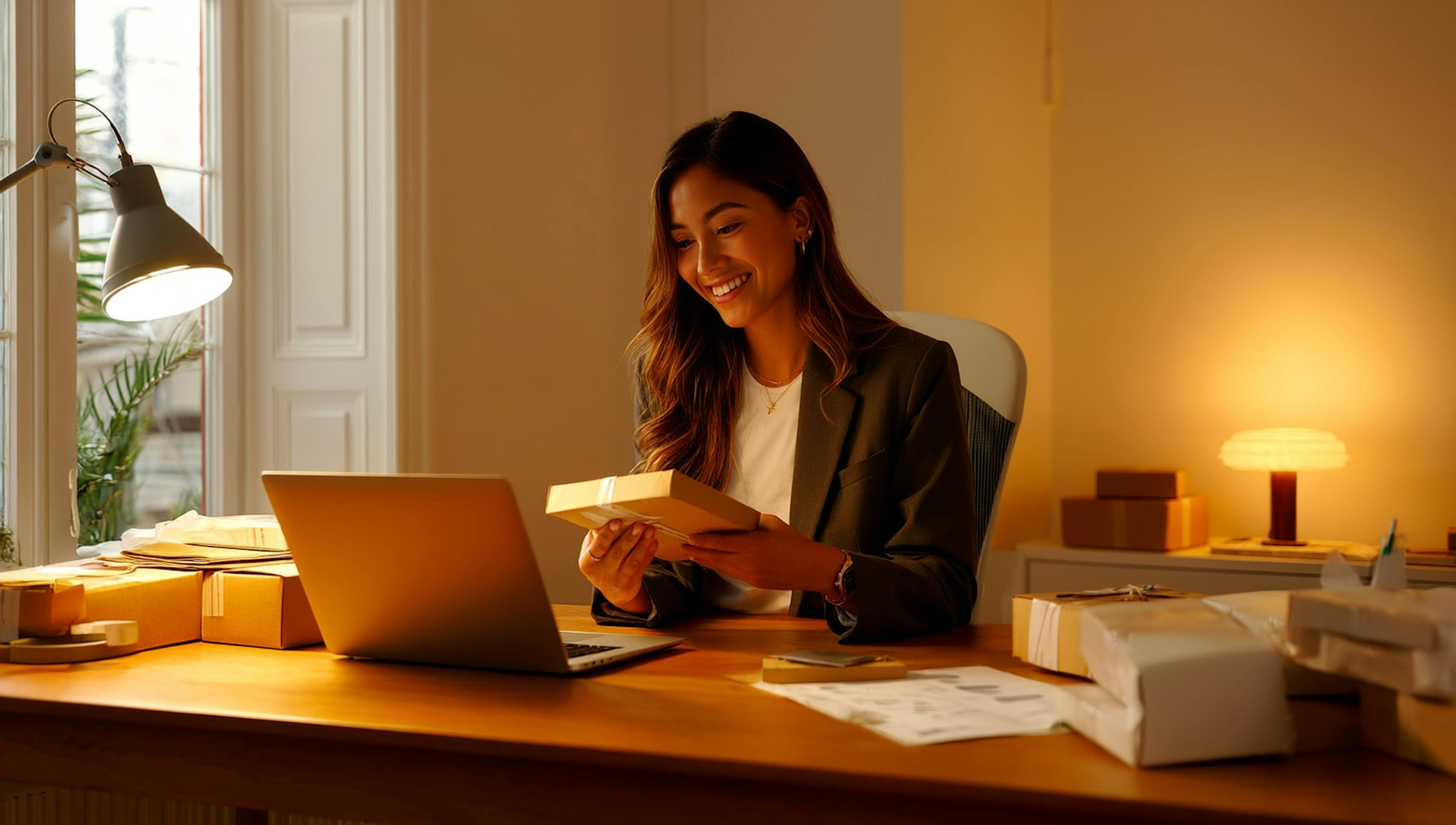 A small business owner processing an e-commerce return order at a desk with packages and a laptop.