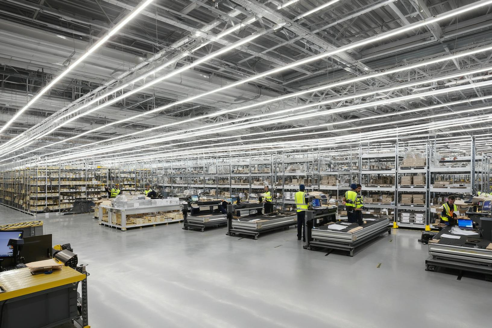Clean, modern warehouse with staff handling e-commerce returns efficiently.