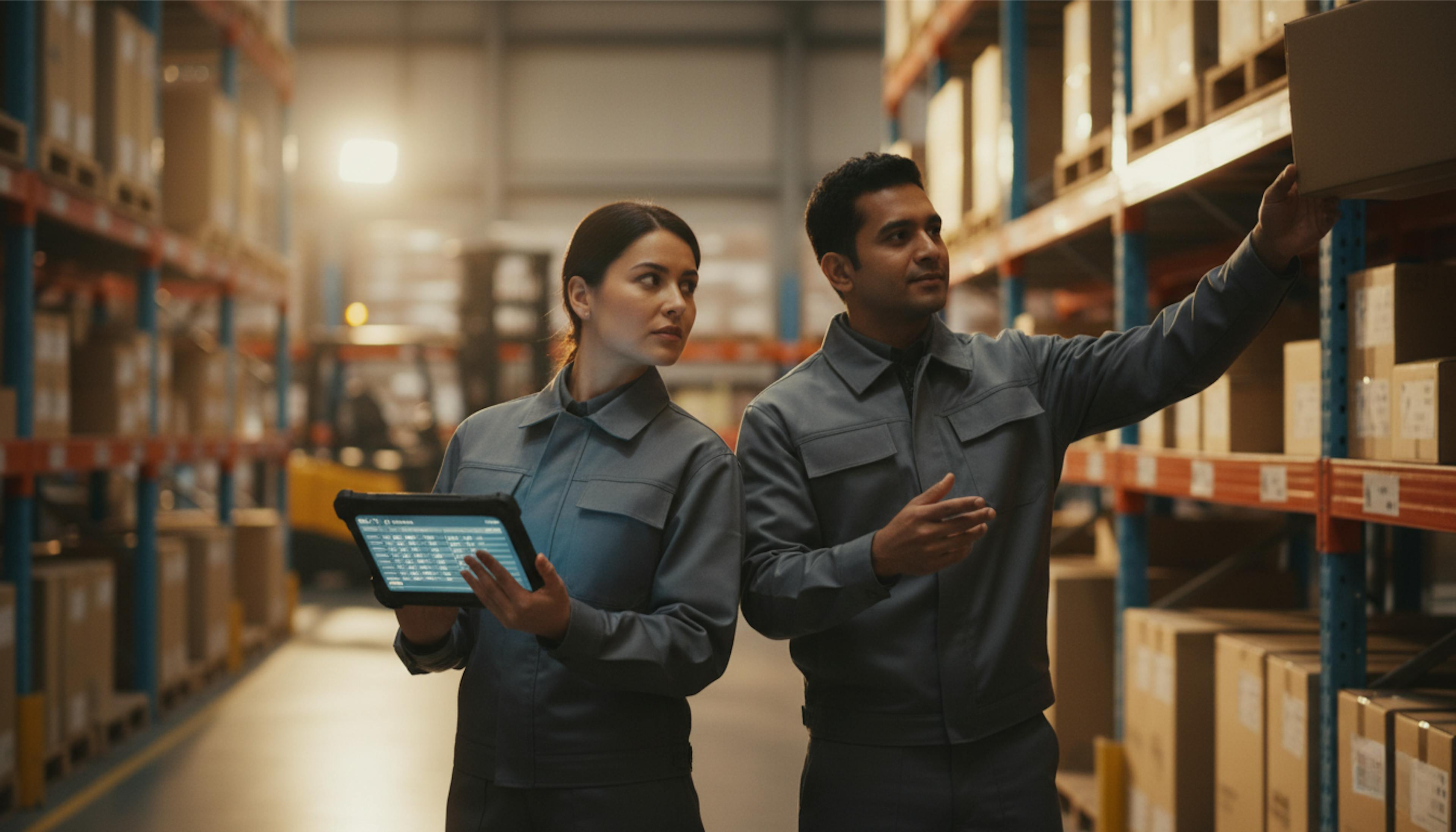 Warehouse workers use a tablet to manage inventory and check stock on shelves in a modern logistics facility.