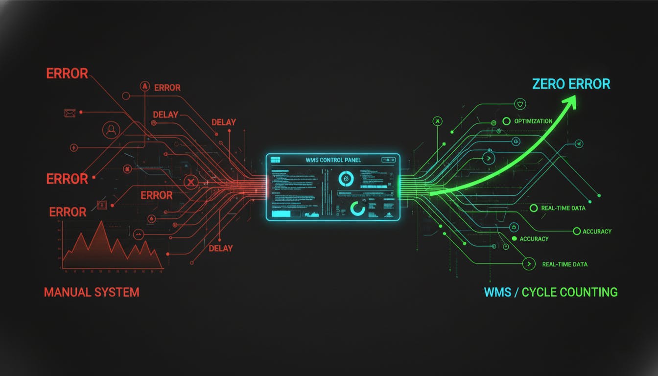 A conceptual infographic illustrating the transition from chaotic manual logistics to precise, WMS-driven automation, highlighting continuous accuracy and near-zero error rates.