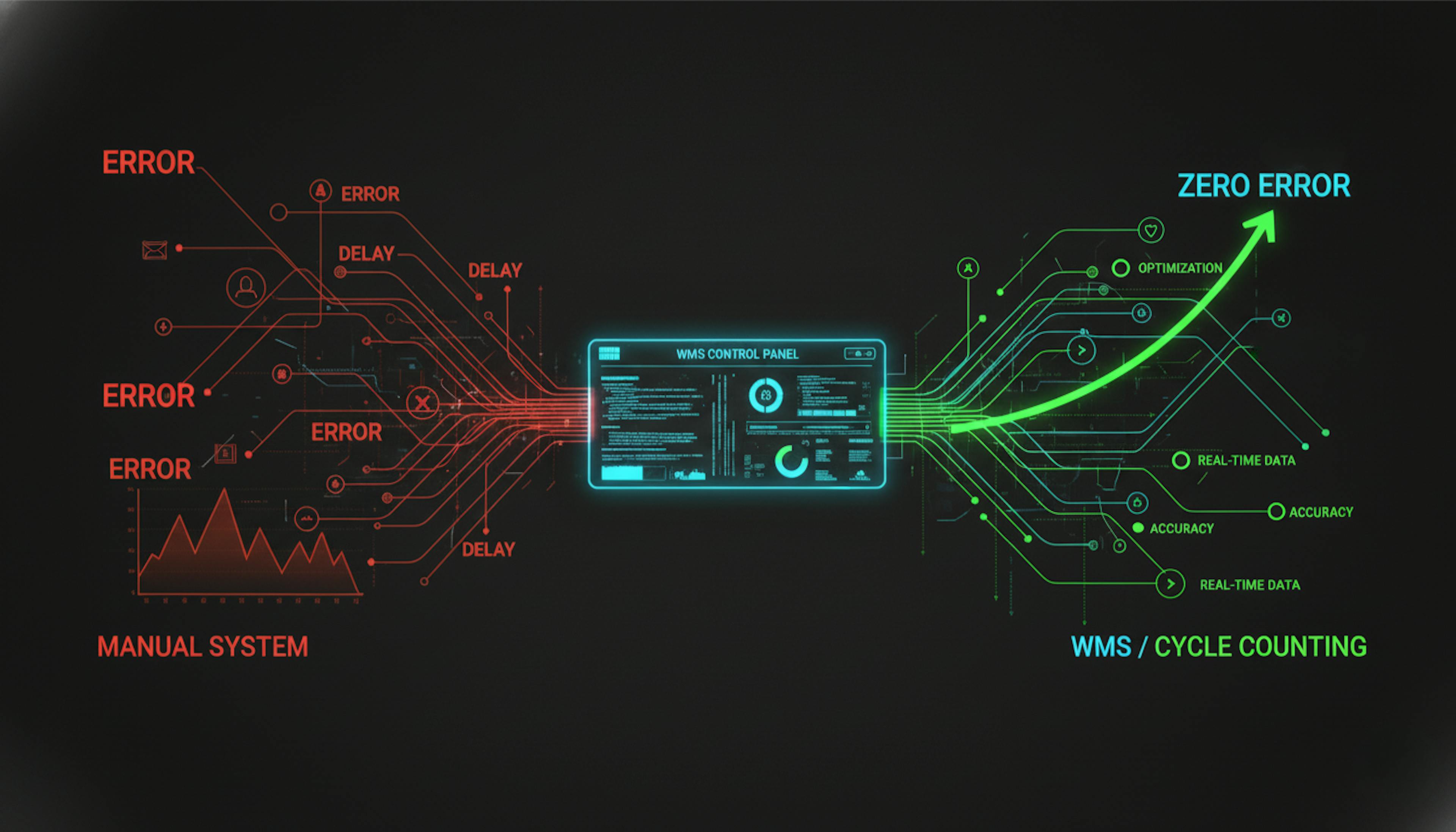 A conceptual infographic illustrating the transition from chaotic manual logistics to precise, WMS-driven automation, highlighting continuous accuracy and near-zero error rates.