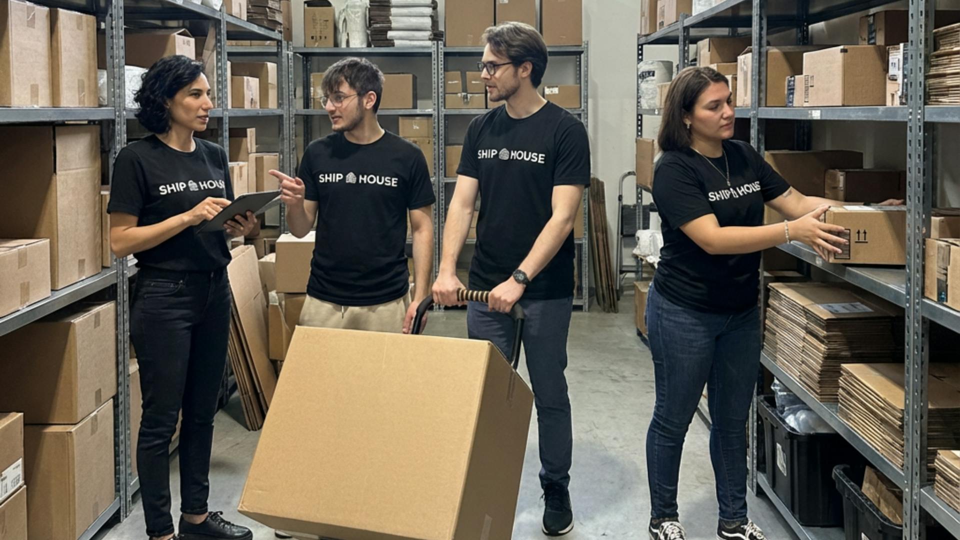 Warehouse staff managing shelves and checking inventory with digital devices.