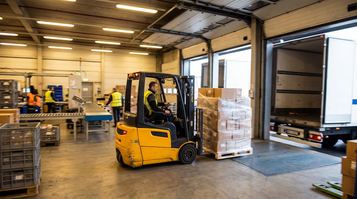 A yellow forklift carrying a shrink-wrapped pallet of consolidated boxes toward a delivery truck in a warehouse.