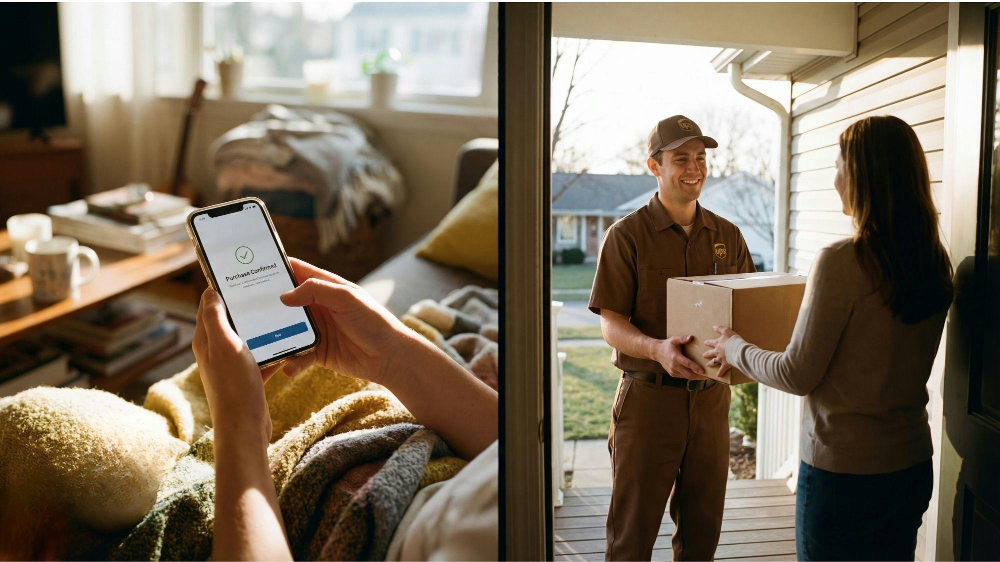 A split-screen image showing a digital purchase confirmation on a smartphone alongside a UPS courier delivering a package to a customer at her doorstep.
