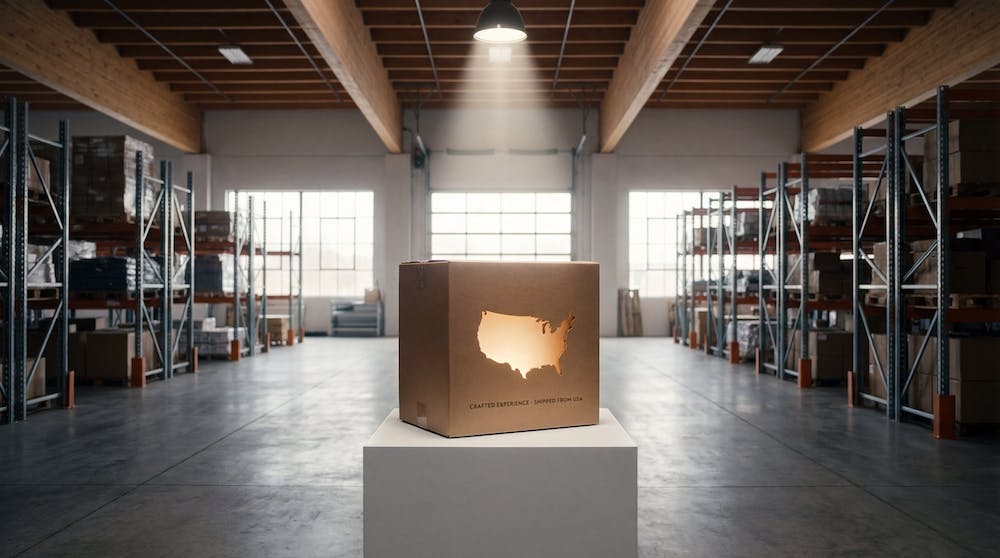 Brand Shipping concept: A high-end product box in a modern US-based warehouse with a glowing "Shipped from USA" label.