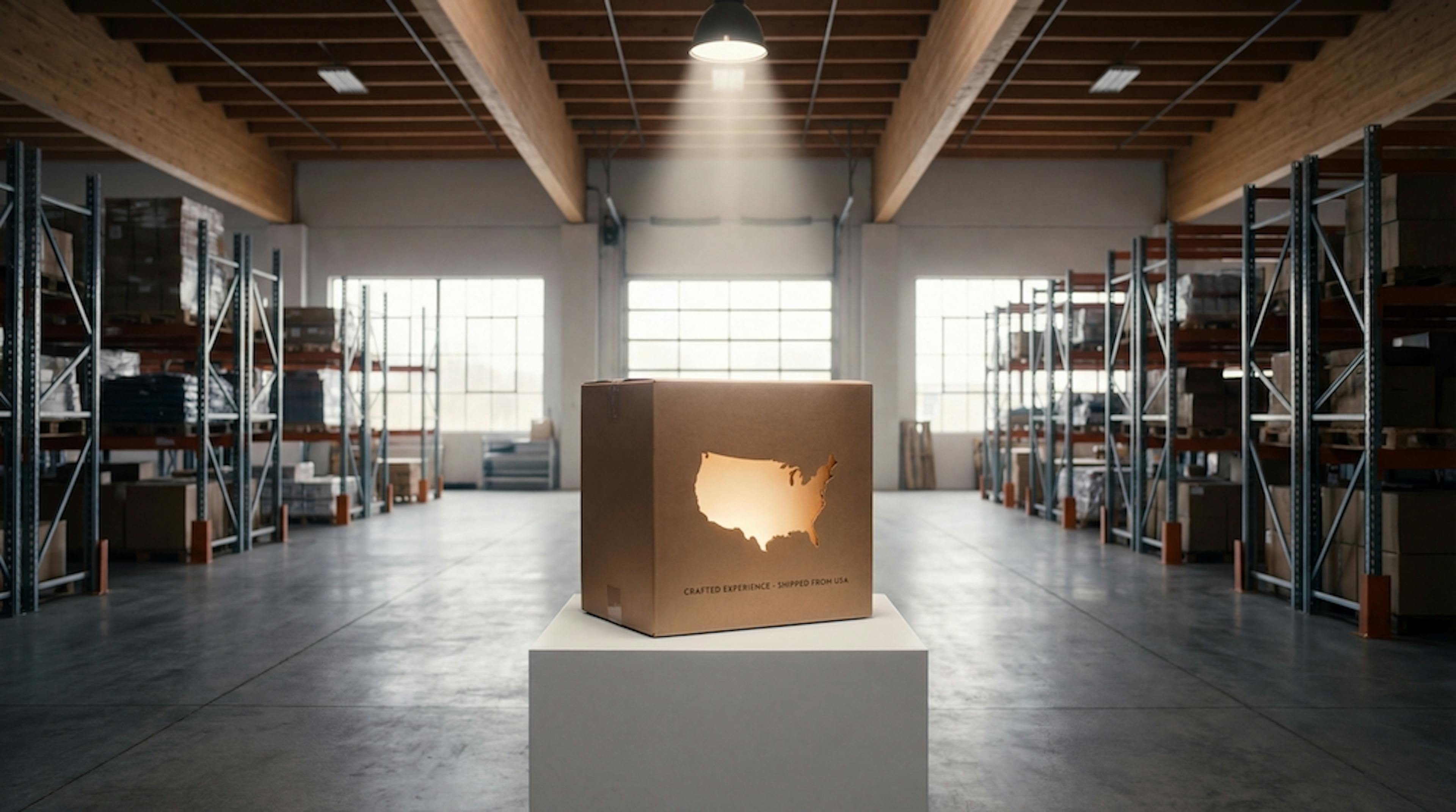 Brand Shipping concept: A high-end product box in a modern US-based warehouse with a glowing "Shipped from USA" label.