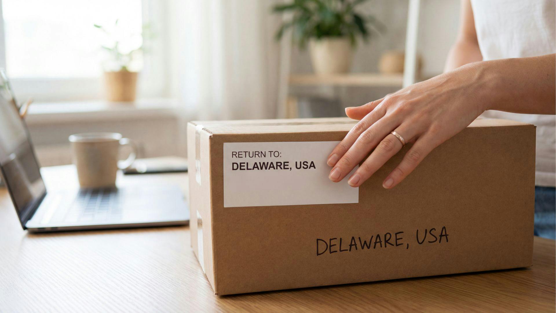 Shipping package addressed to Delaware, USA, highlighting the strategic business location.