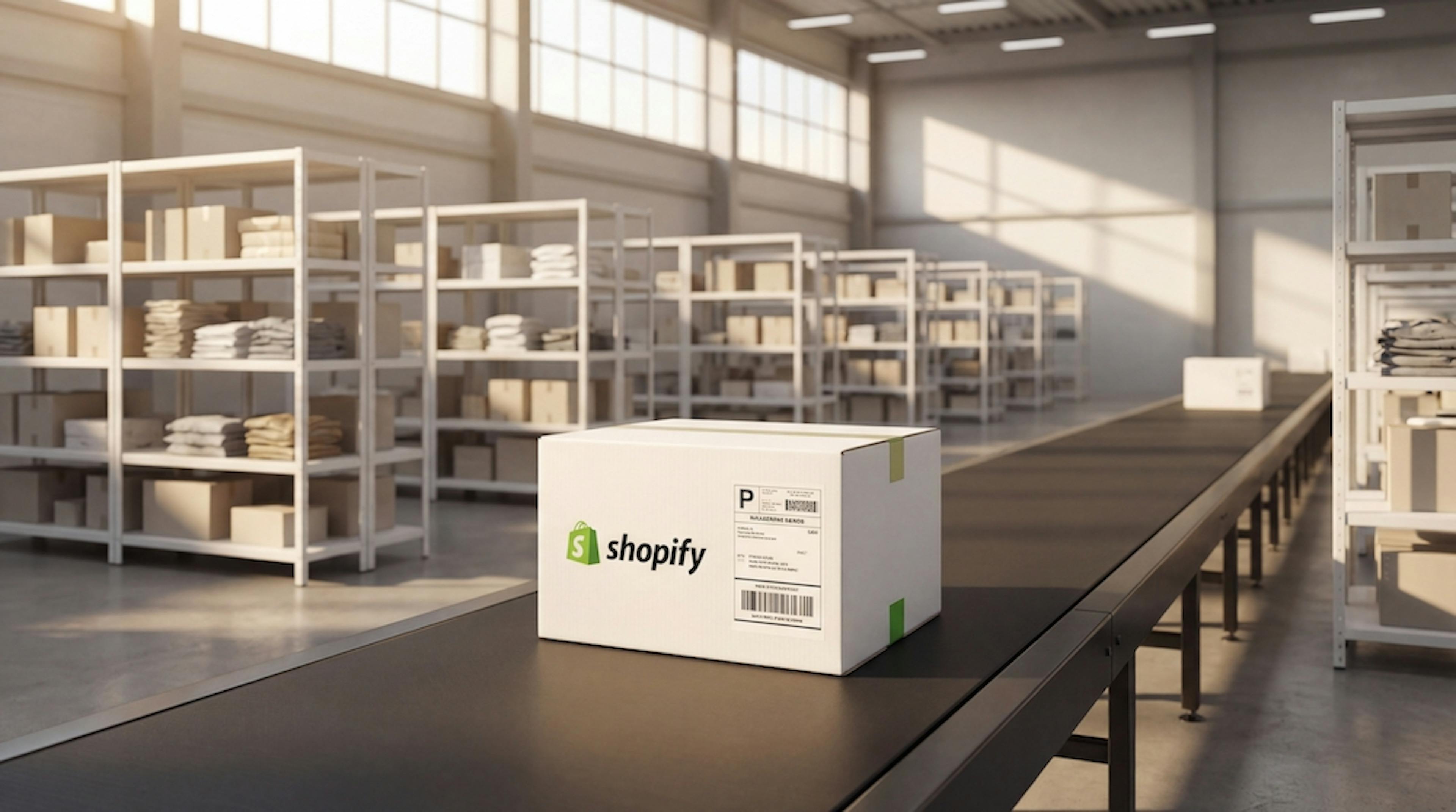 A white Shopify shipping box on a black conveyor belt inside a bright, modern fulfillment center with neatly stocked shelves.