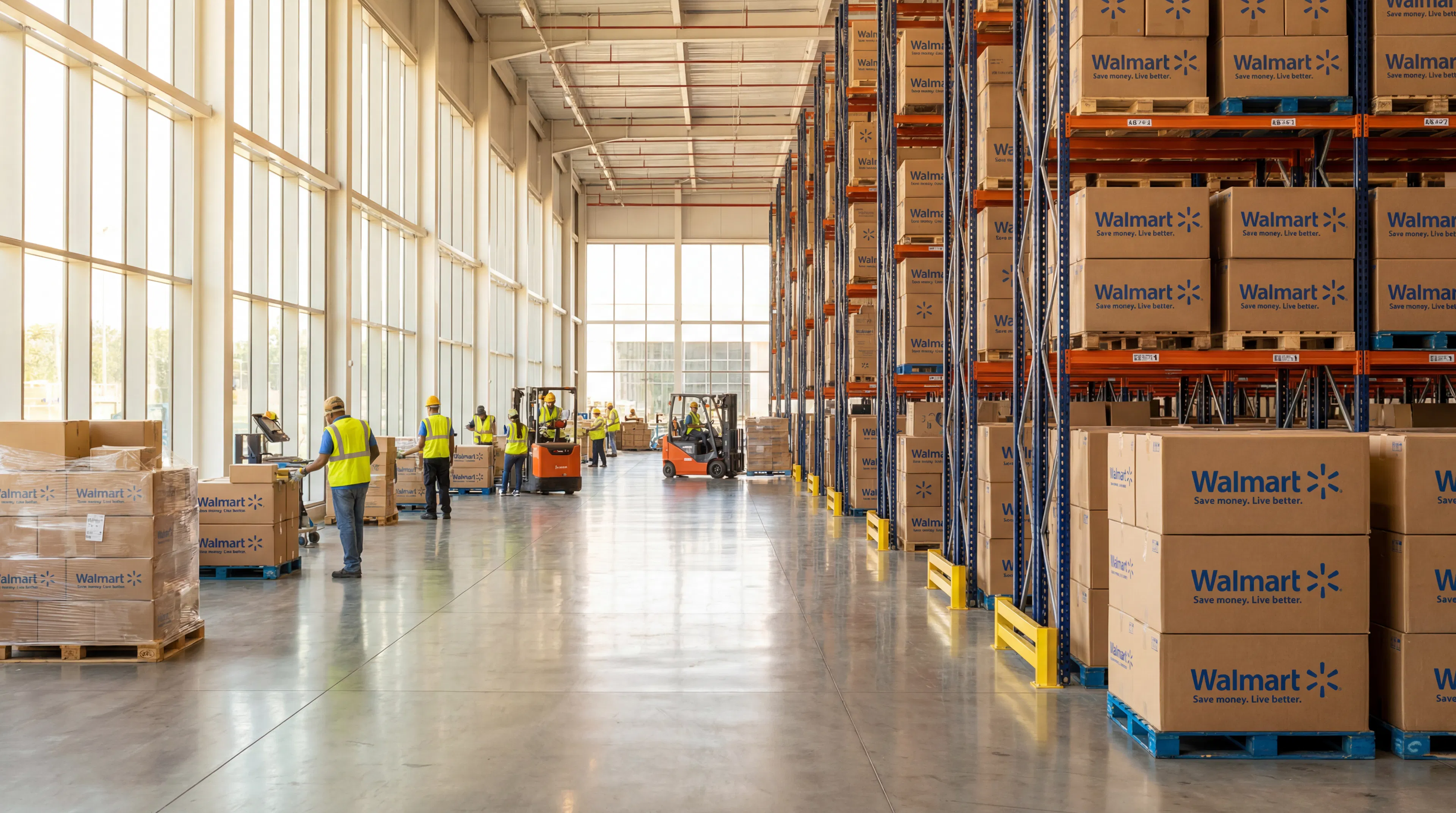 Professional warehouse staff and forklifts organizing inventory at a bright, high-ceiling distribution center.