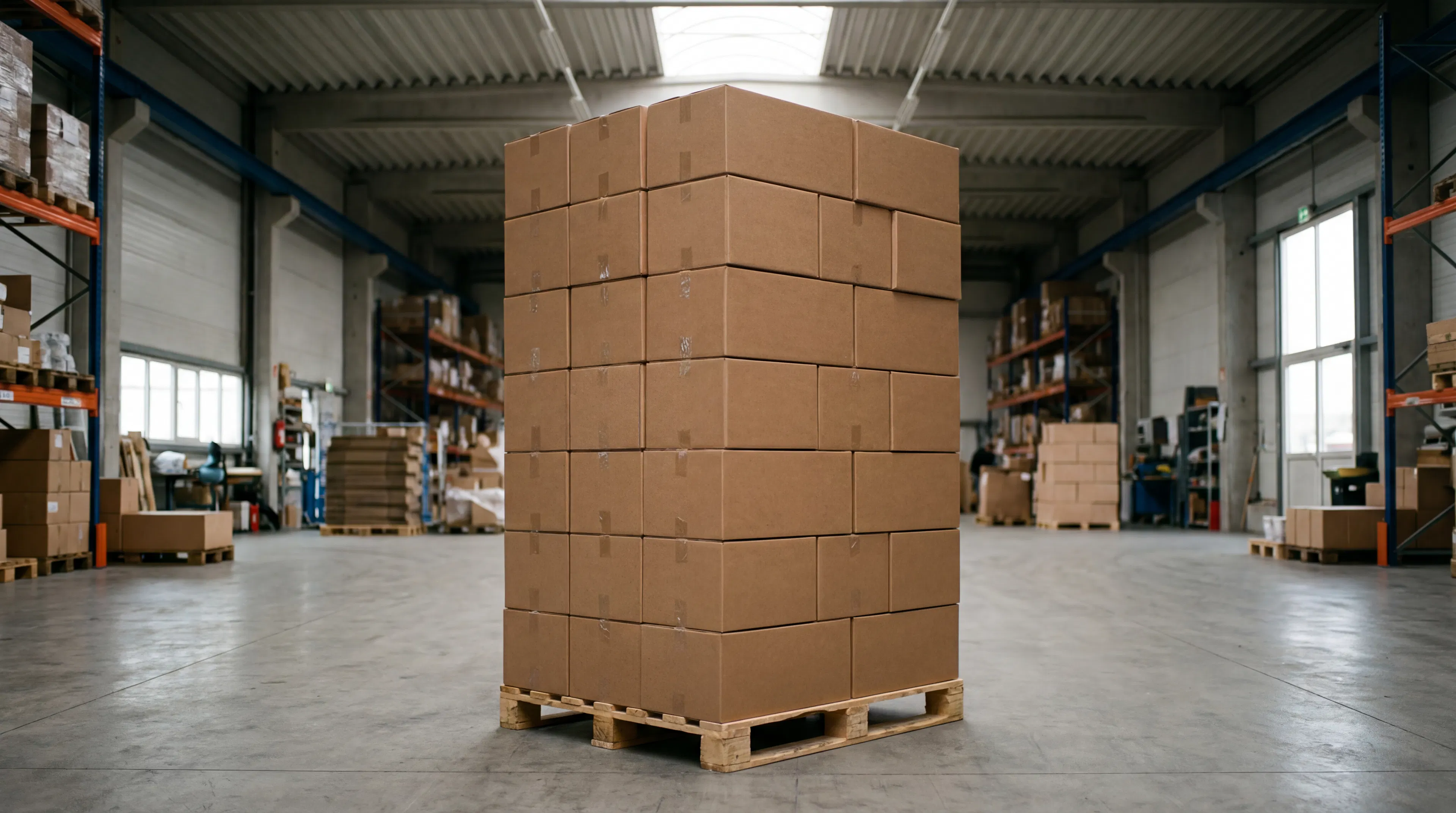 A professionally organized stack of cardboard shipping boxes on a wooden pallet, centered in a spacious and modern industrial warehouse.