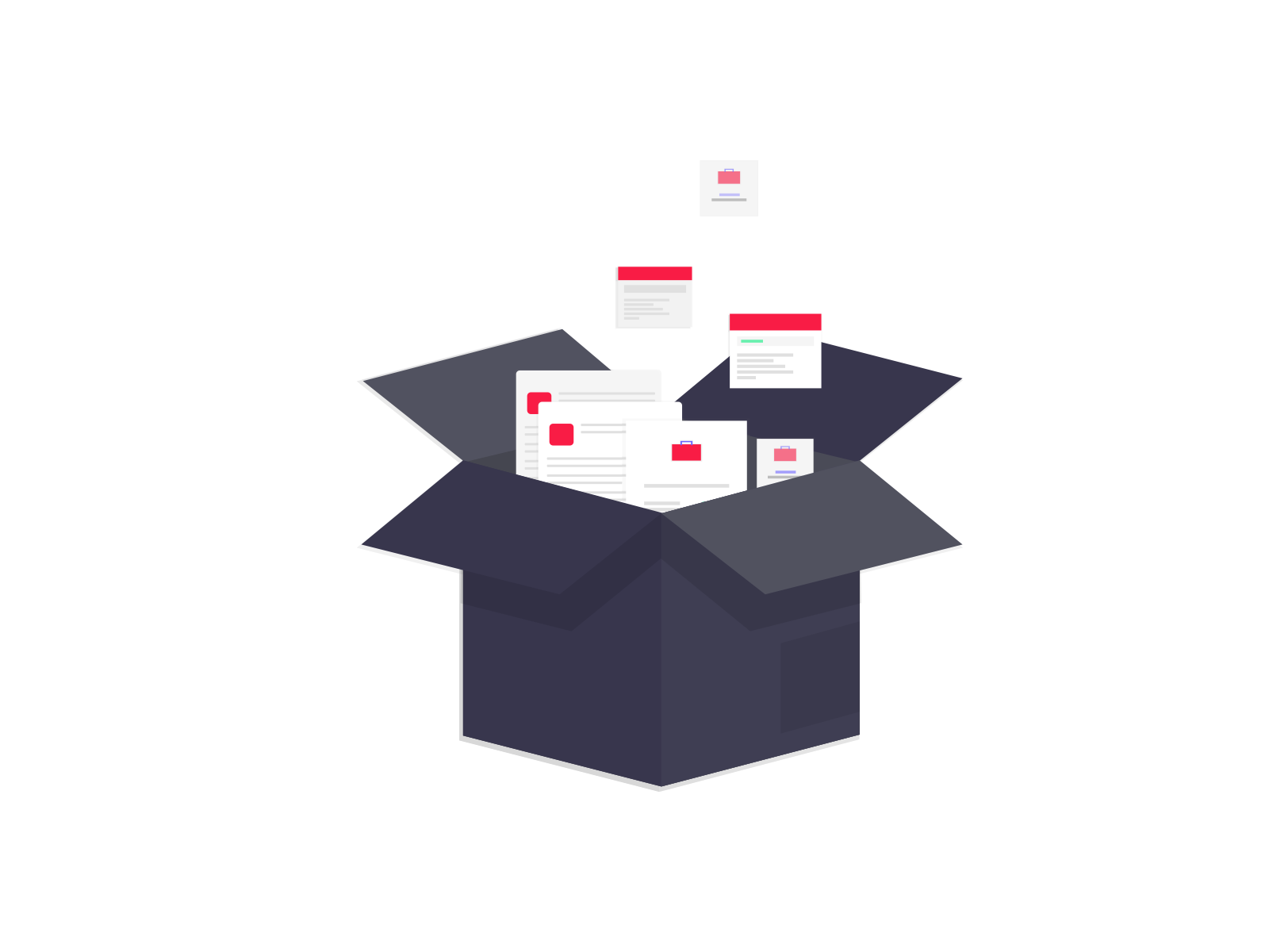 Graphically designed image of red and white paper documents flying upward out of a dark blue cardboard box