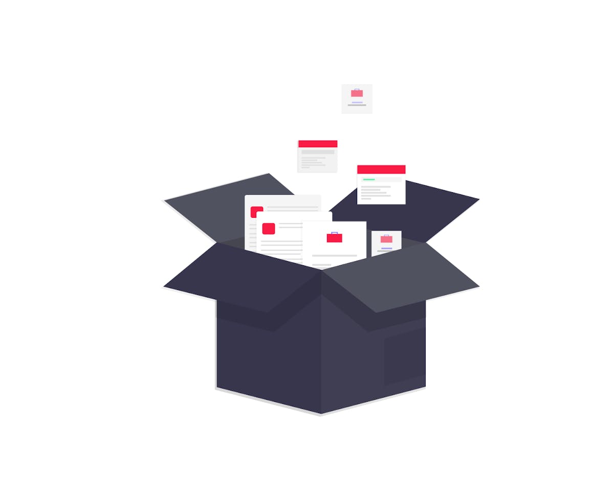 Graphically designed image of red and white paper documents flying upward out of a dark blue cardboard box