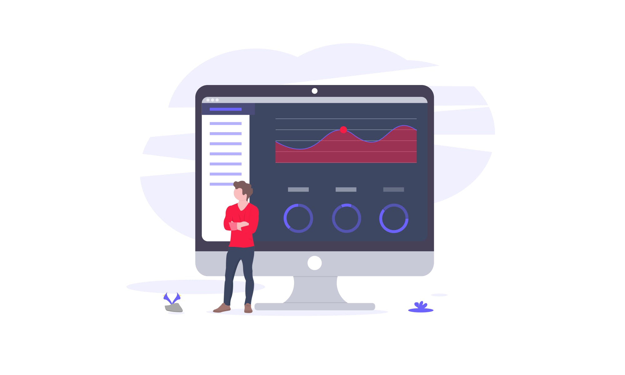 Graphically designed image of a man with crossed arms standing in front of a computer monitor displaying data and charts