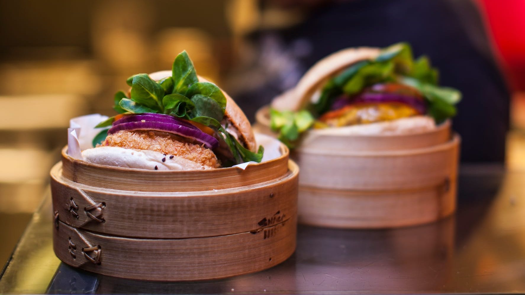Burgers in bamboo baskets