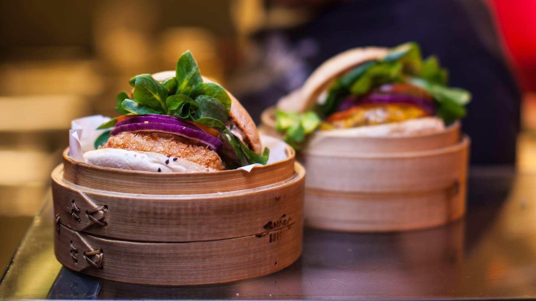Burgers in bamboo baskets