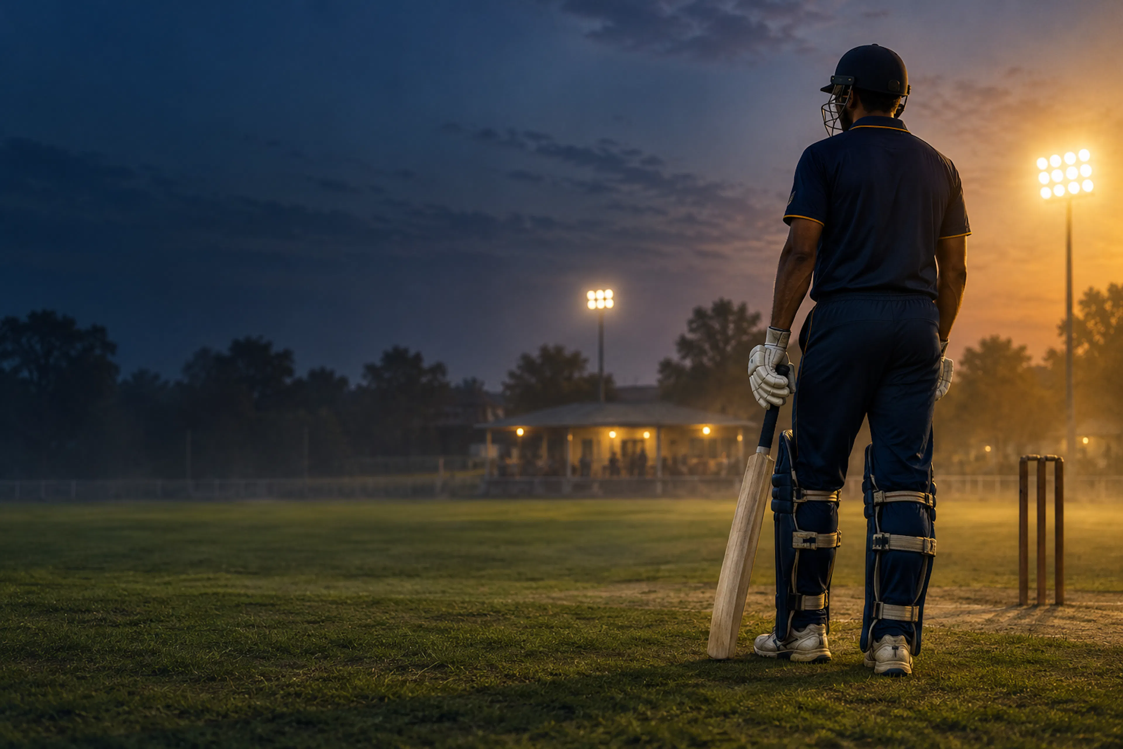 Illustrative cricket player under evening floodlights