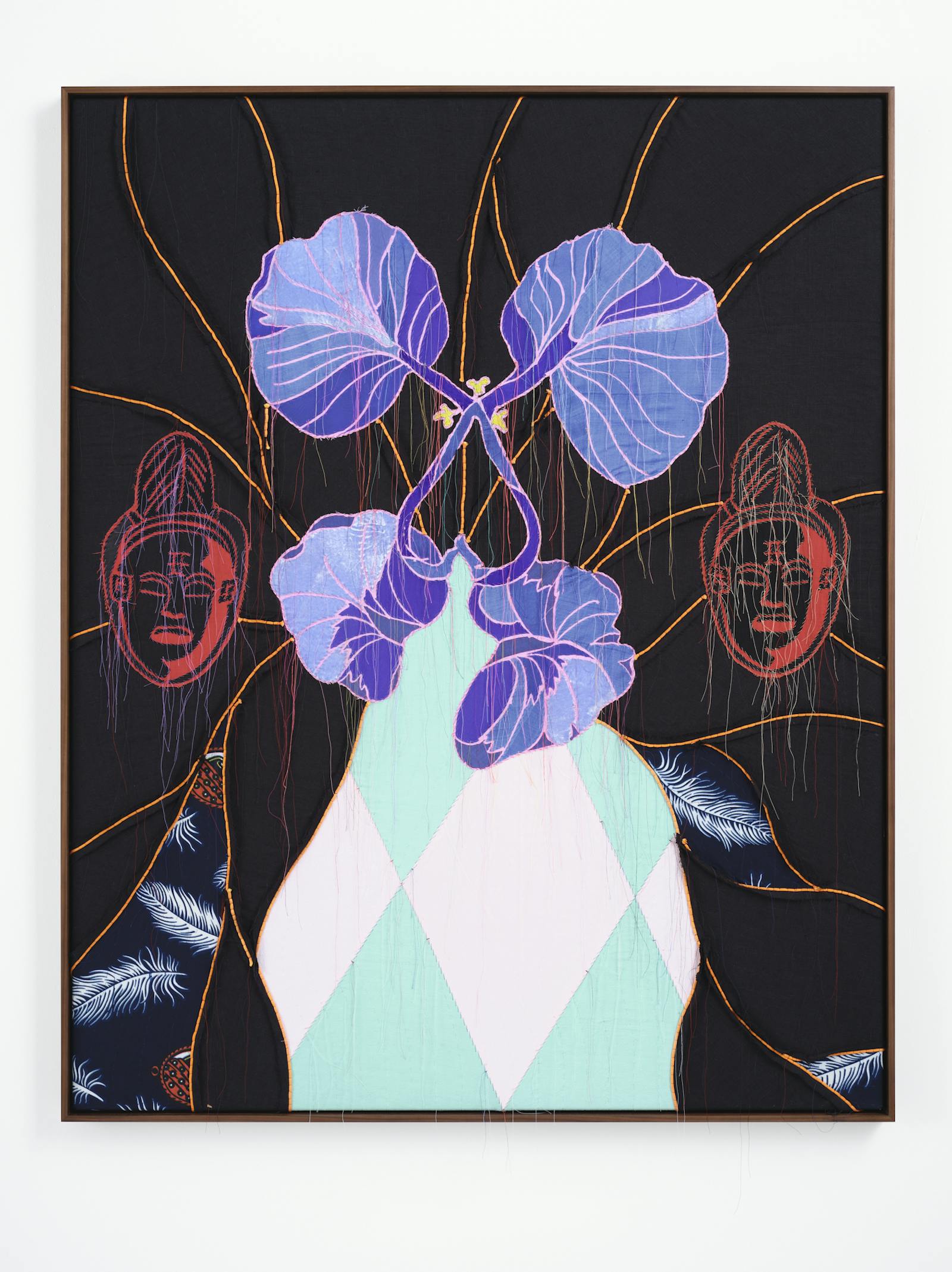 Artwork by Yinka Shonibare. Painting features purple leaves in a pale green and white vase in front of a darkbackground. White feathers and faces are displayed in the background.