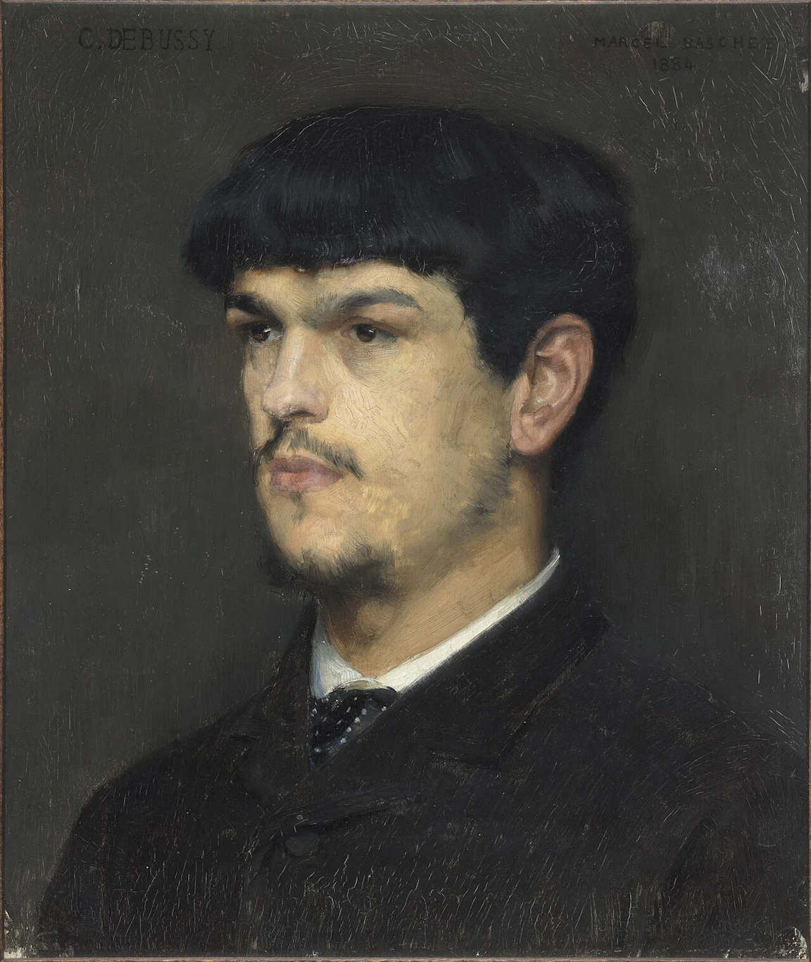 검은 머리를 이마 위로 내린 스물두 살 Debussy 의 유화 초상. 고개를 살짝 돌려 비스듬히 앞을 본다
