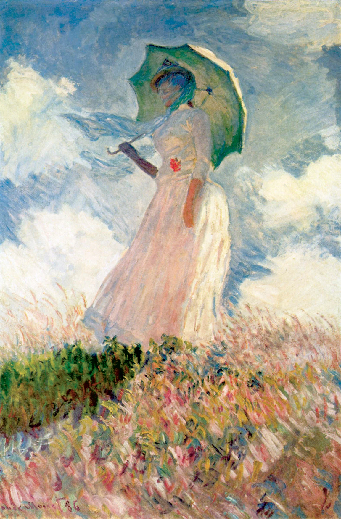 흰 옷을 입은 여인이 양산을 들고 언덕 위에서 왼쪽을 향해 서 있는 Claude Monet 의 그림