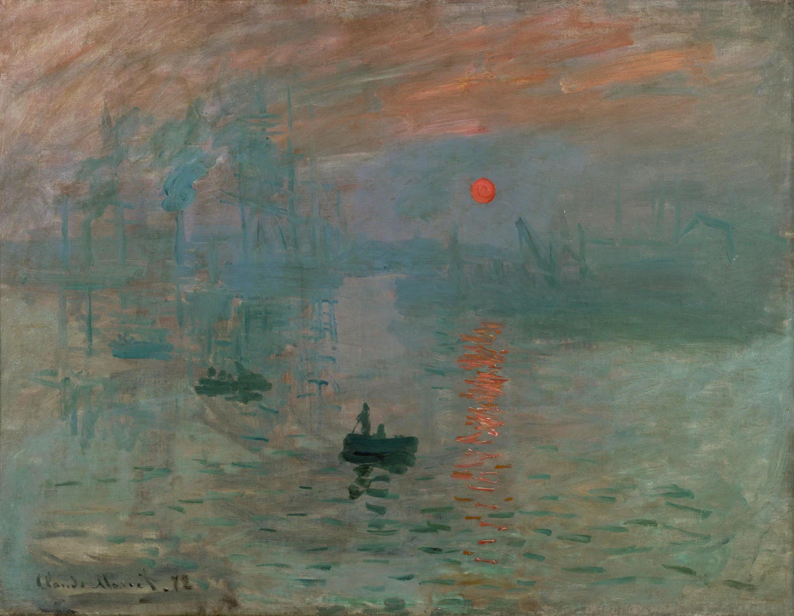 푸르스름한 안개 낀 Le Havre 항구 위로 주황빛 해가 떠오르고, 앞쪽에서 작은 배가 노를 젓는 Claude Monet 의 그림