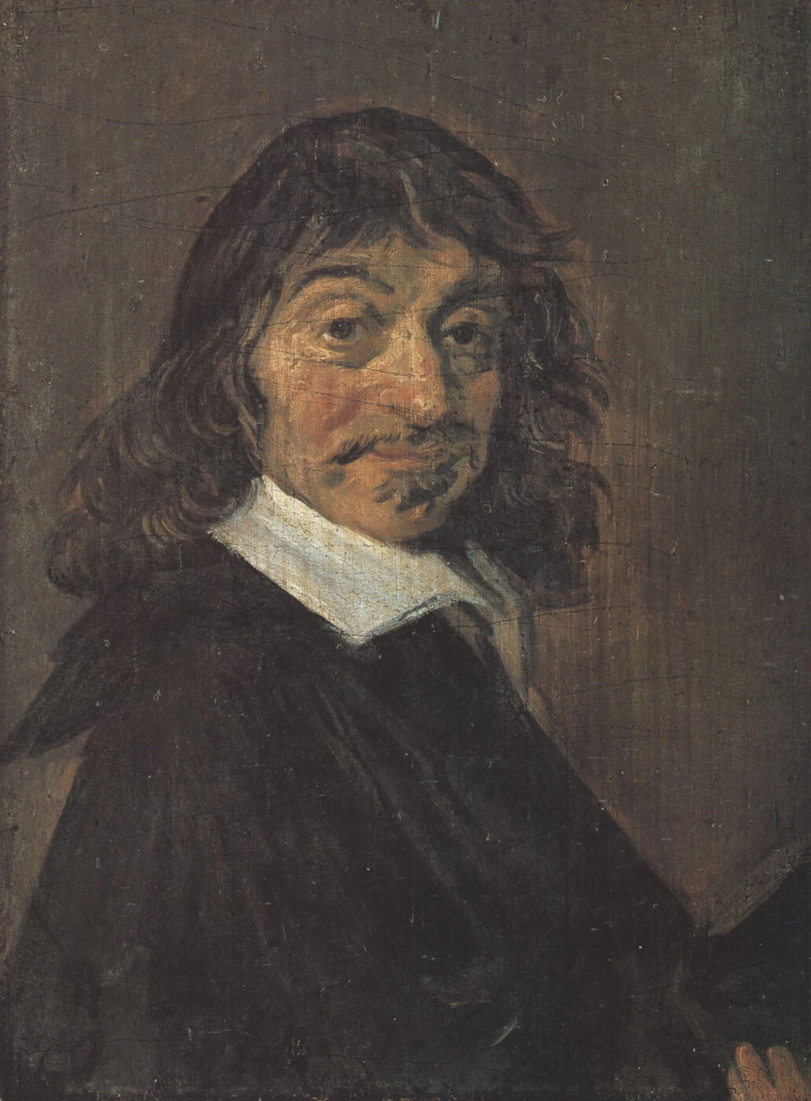 검은 옷에 흰 칼라를 달고 어깨까지 오는 검은 머리에 콧수염을 기른 René Descartes 의 초상