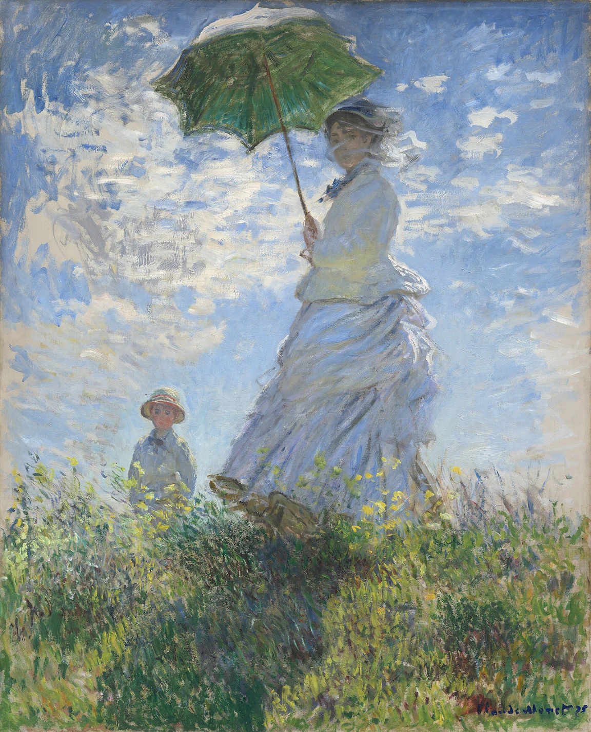 양산을 든 Camille 가 언덕 위에서 내려다보고, 그 아래 풀밭에 어린 Jean 이 서 있는 Claude Monet 의 그림