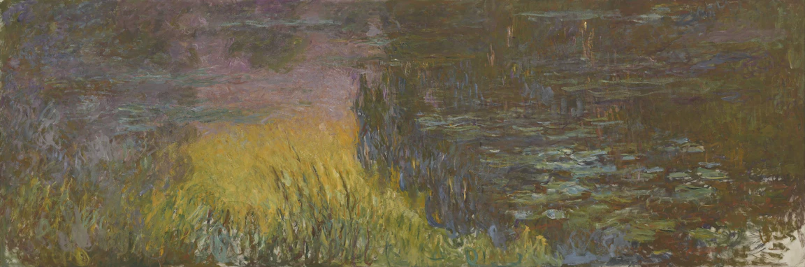 노을빛이 번진 물 위에 수련이 떠 있는 가로로 긴 Claude Monet 의 그림