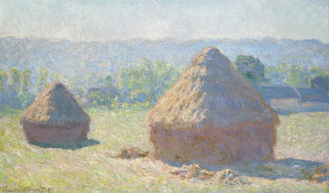 늦여름 들판에 커다란 밀짚 더미 두 개가 햇빛을 받아 긴 그림자를 드리운 Claude Monet 의 그림