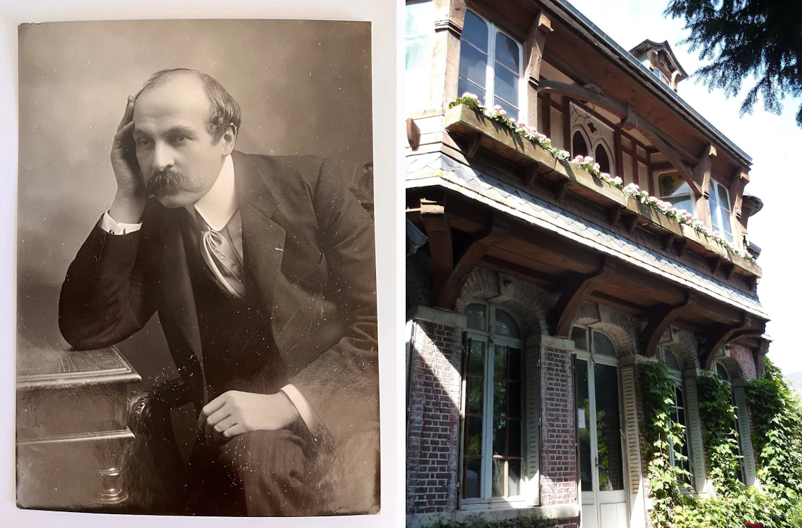왼쪽은 턱을 괴고 앉은 콧수염의 Maurice Leblanc 흑백 사진, 오른쪽은 담쟁이가 오른 붉은 벽돌과 나무 발코니의 Le Clos Lupin