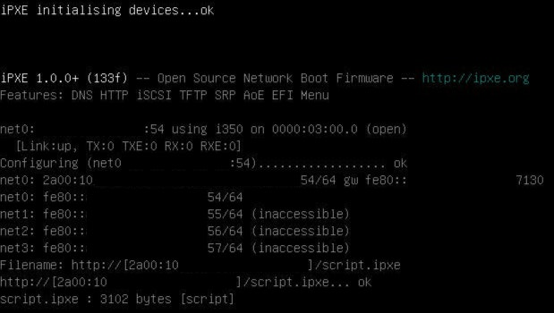 iPXE initializes network cards and loads the boot script.
