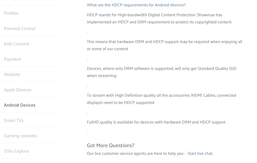 HDCP help page / showmax.com