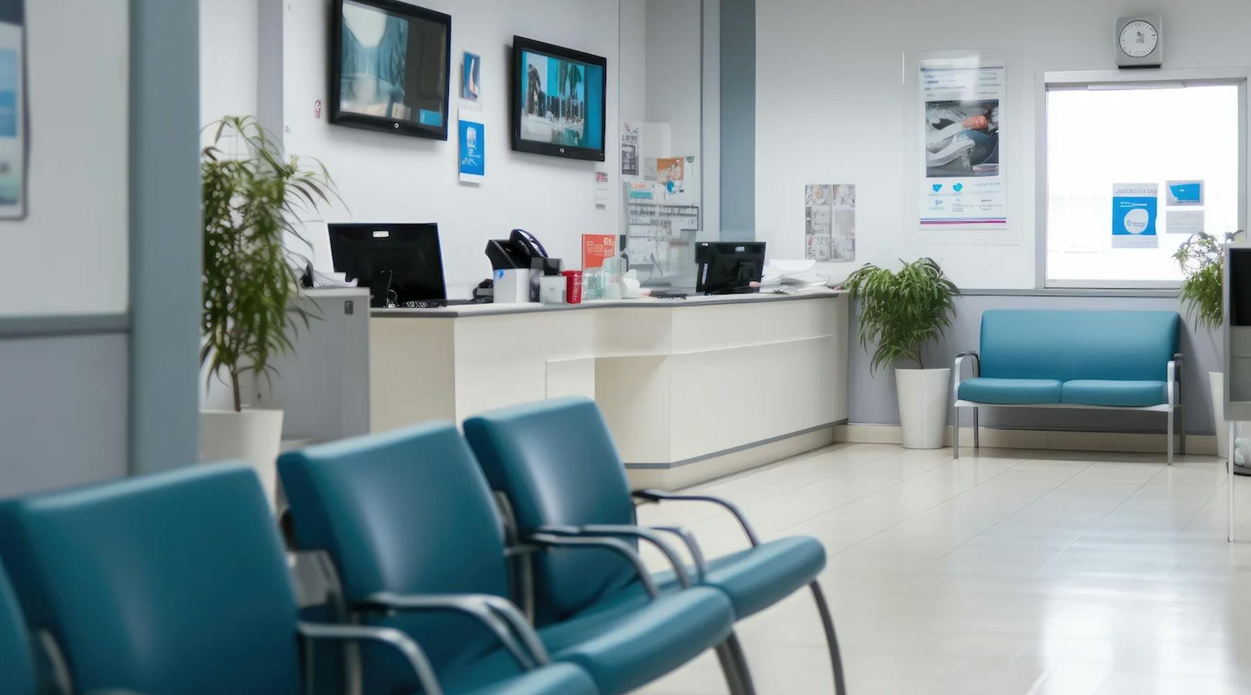 Empty waiting room feature blue chains near a reception desk