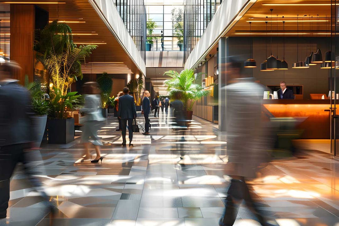 An image of a lobby area in a high traffic facility with lots of people walking through