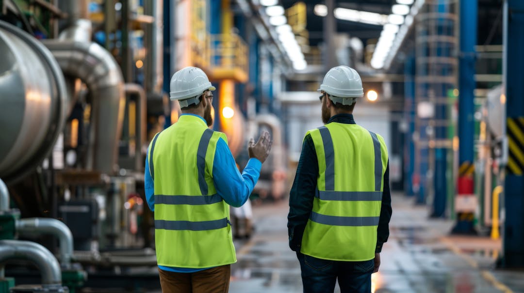Two men in high-vis vests with hard hats on in a manufacturing facility