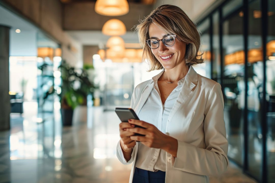 An image of a happy woman on her phone in a reception area. 