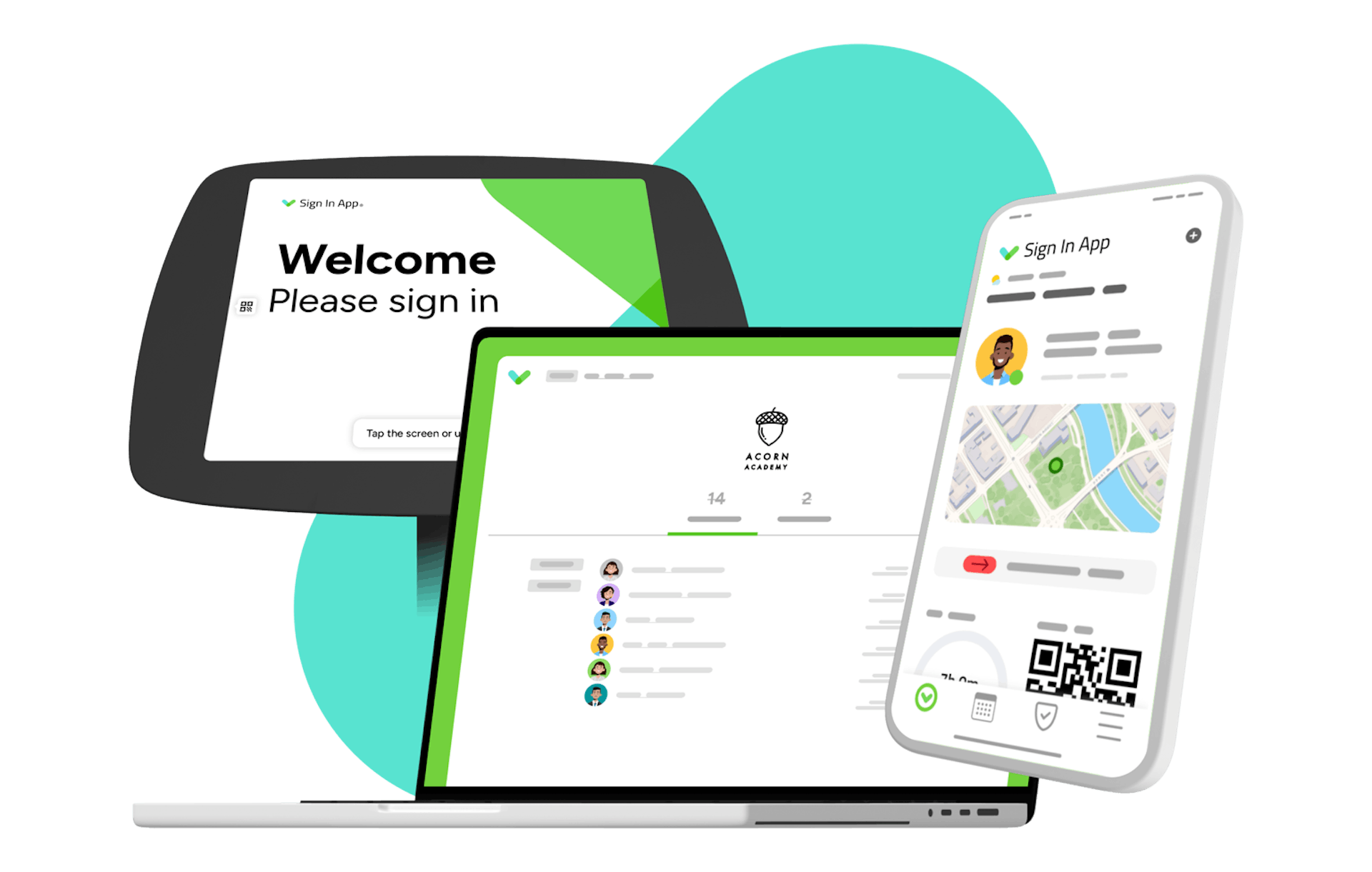 Une image montrant le système de gestion des visiteurs Sign In App sur le kiosque iPad, l'application smartphone Sign In App Companion et le portail en ligne sur un Macbook.