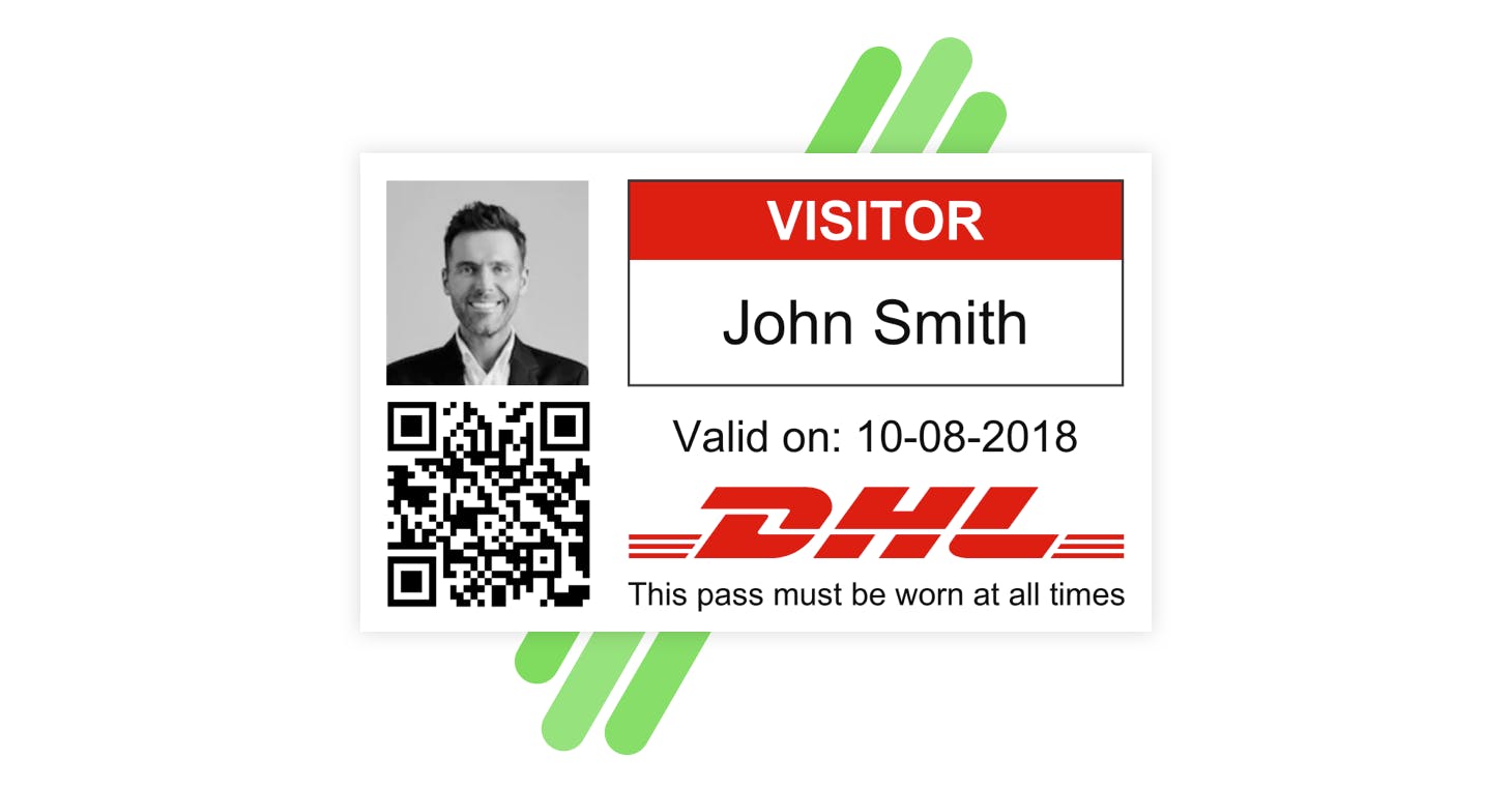 A visitor card with name, photograph, QR code, company logo and validation date.