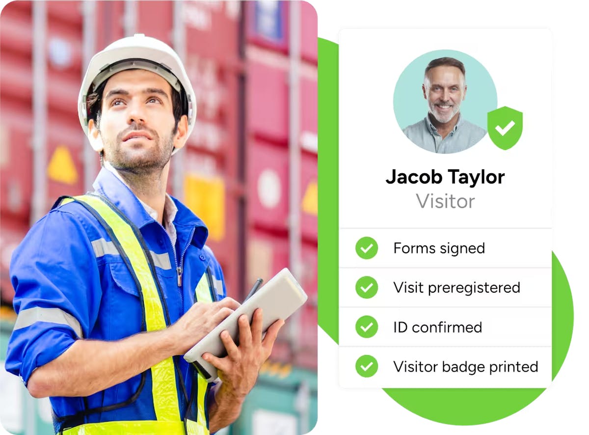 A worker in high vis clothing and a protective hard hat holding an iPad with a graphic overlay of a visitor whose identity has been verified.