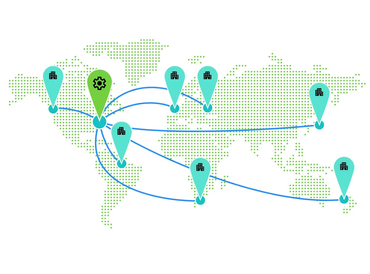 Stylised map of the world with routes and connections being shown in locations in many different countries