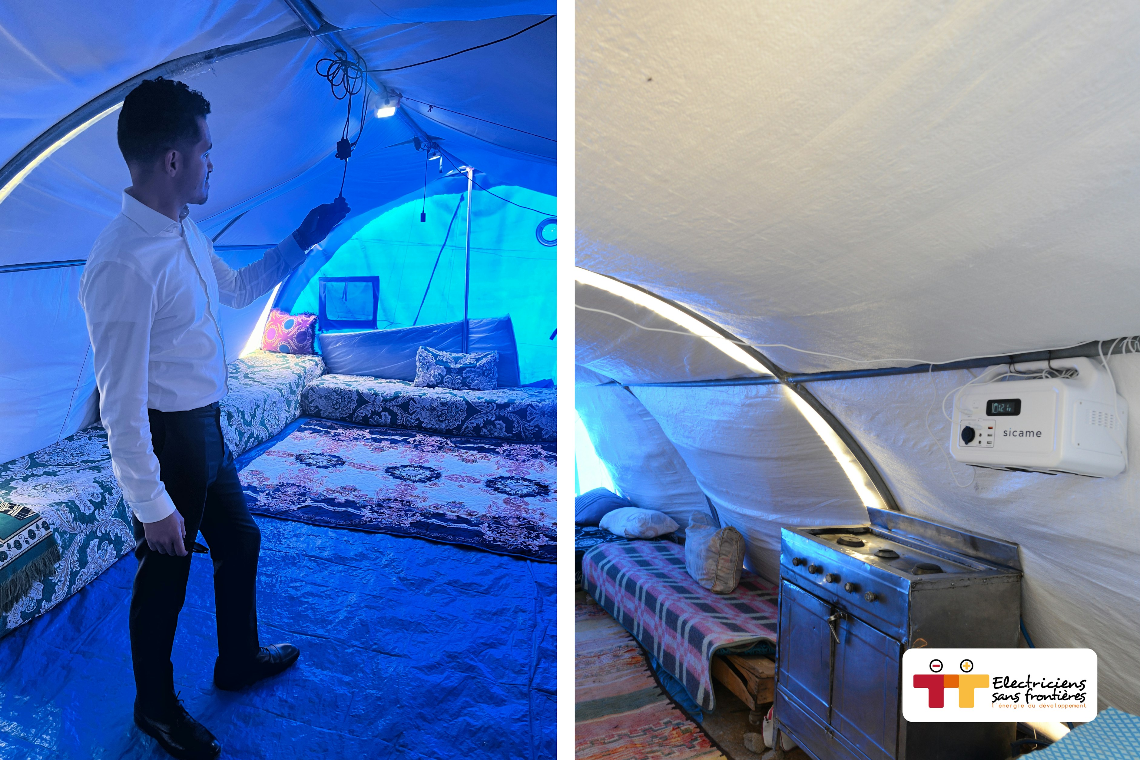 El interior de una tienda de campaña con el kit solar utilizado