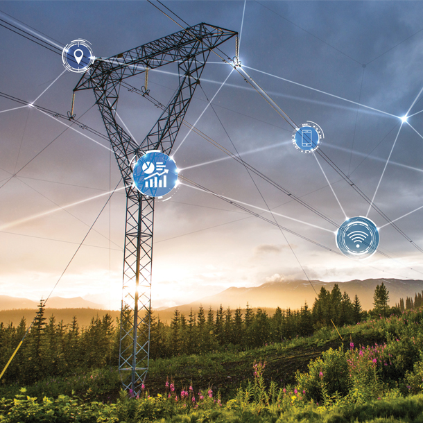 Pylône électrique dans la nature avec des icônes interconnectés par des lignes blanches