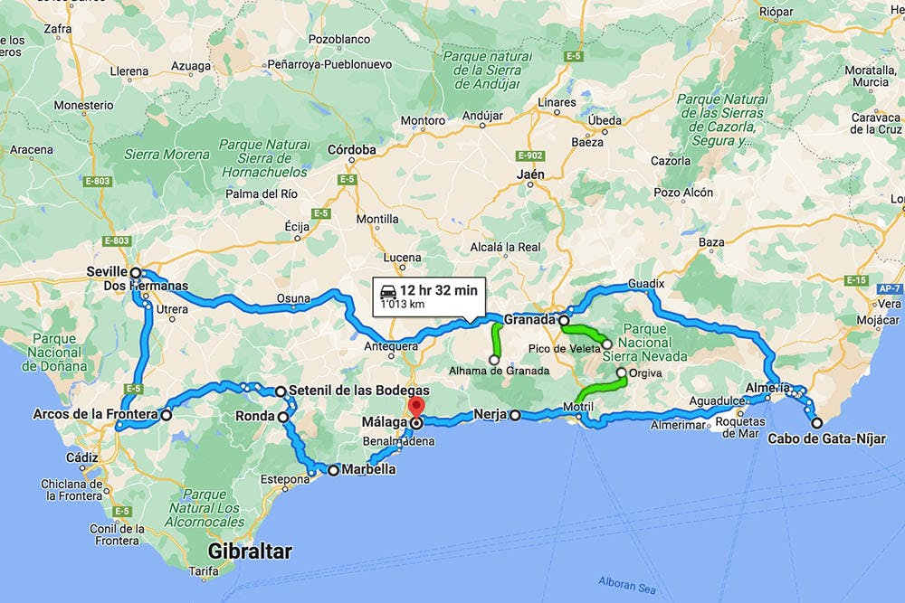 South Spain road trip map.